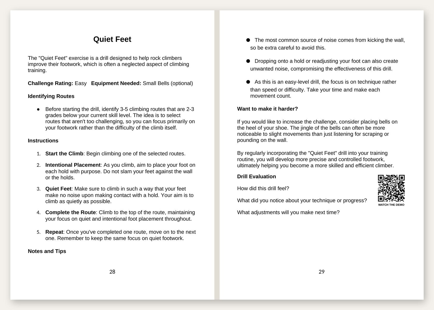 The Quiet Feet drill, pages 28 and 29, with a Watch the demo QR code