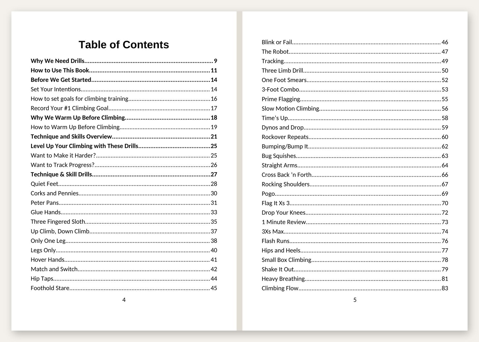 Table of contents, pages 4 and 5